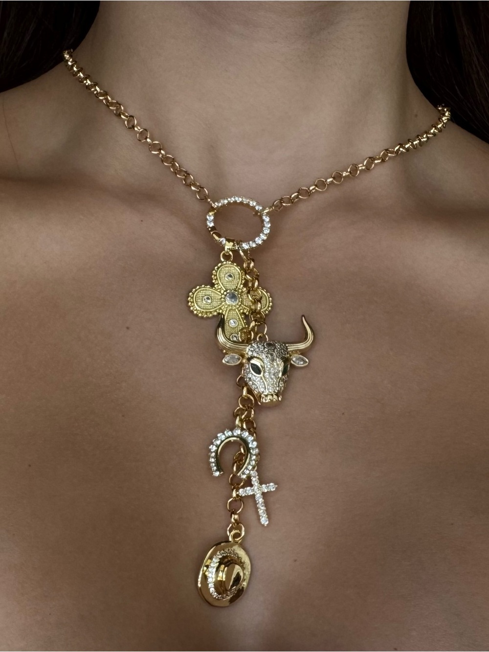 Gold-Tone Bull & Charm Pendant Necklace - Women Jewelry - Picture 2 of 4
